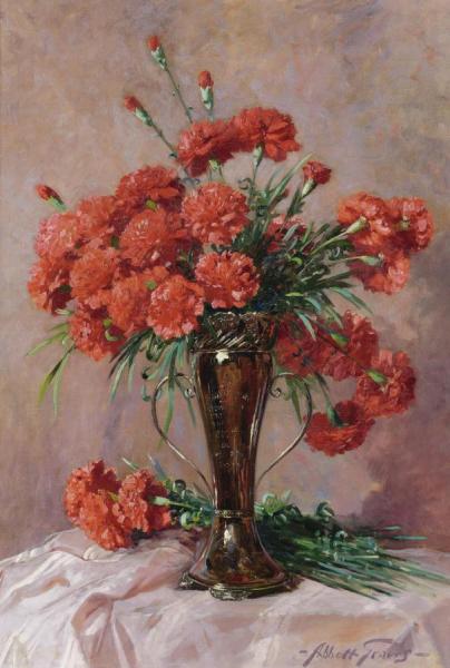 Abbott Fuller Graves Red Carnations In A Silver Vase