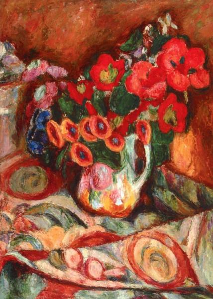 Flowers On A Patterned Tablecloth by Abraham A. Manievich