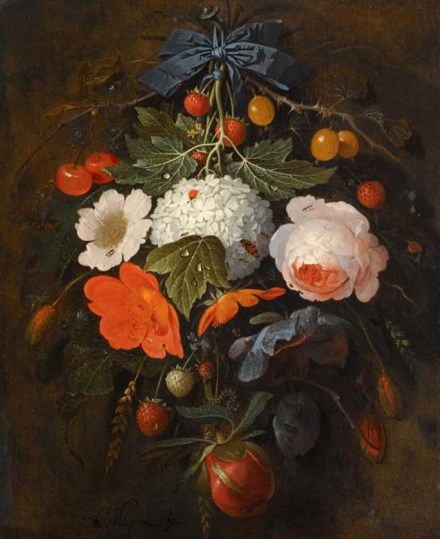 A Festoon Of Flowers And Fruit, Including A Pink Rose, A Poppy, A Snowball by Abraham Mignon