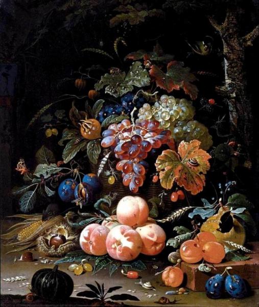 A Still Life Of Red And White Grapes In A Basket, Peaches, Plums by Abraham Mignon