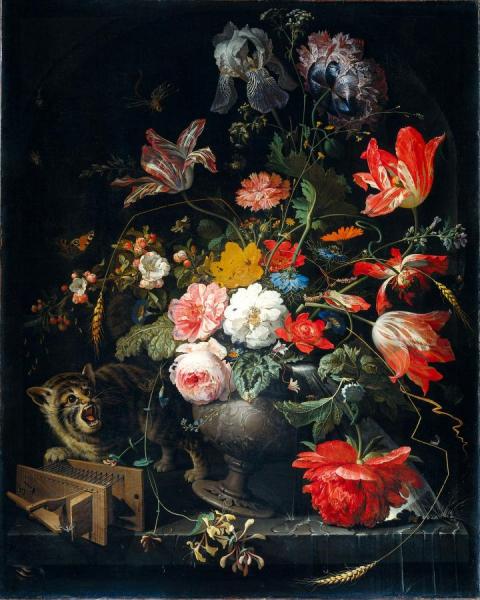 Bouquet With Cat And Mousetrap by Abraham Mignon