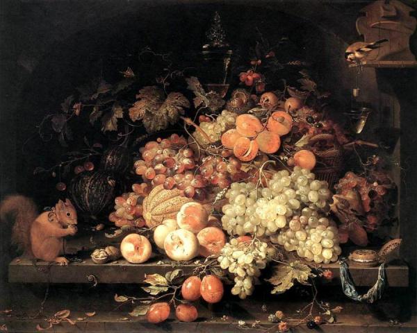 Fruit Still-life With Squirrel And Goldfinch by Abraham Mignon