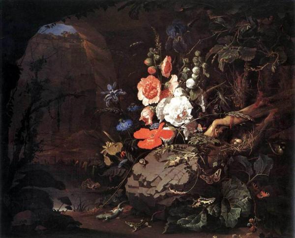 Interior Of A Grotto With A Rock-pool, Frogs, Salamanders, And A Large Bouquet Of Flowers by Abraham Mignon