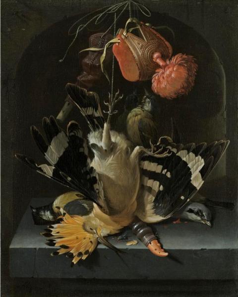 Still Life With A Hoopoe, A Great Tit, A Falconry Hood And A Decoy Whistle by Abraham Mignon
