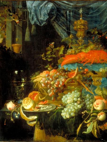 Still Life With Fruit And A Goldfinch by Abraham Mignon