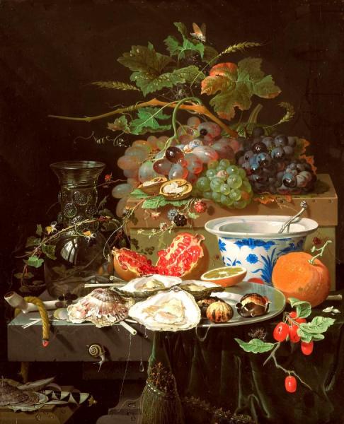 Still Life With Fruit, Oysters And A Porcelain Bowl by Abraham Mignon