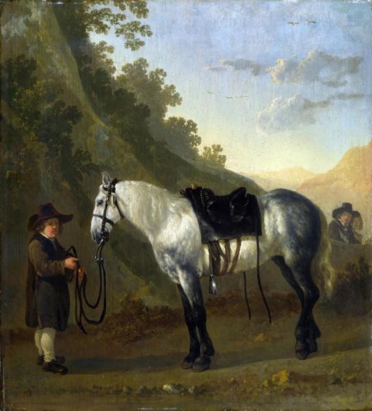 A Boy Holding A Grey Horse by Abraham Van Calraet