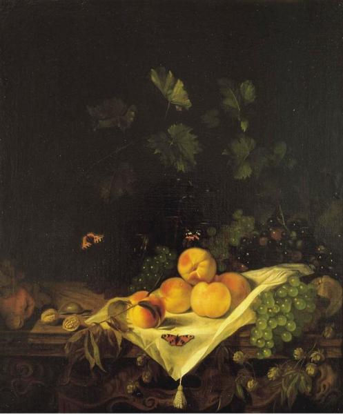 Still Life With Peaches And Grapes by Abraham Van Calraet