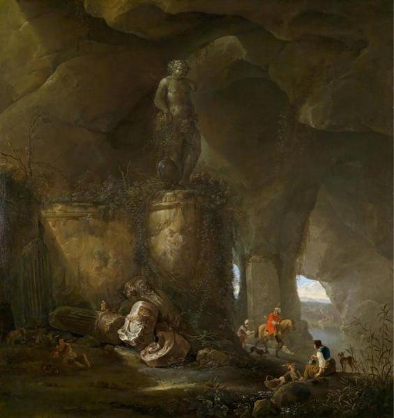 A Grotto With Travellers And A Sculpture Of Bacchus by Abraham Van Cuylenborch