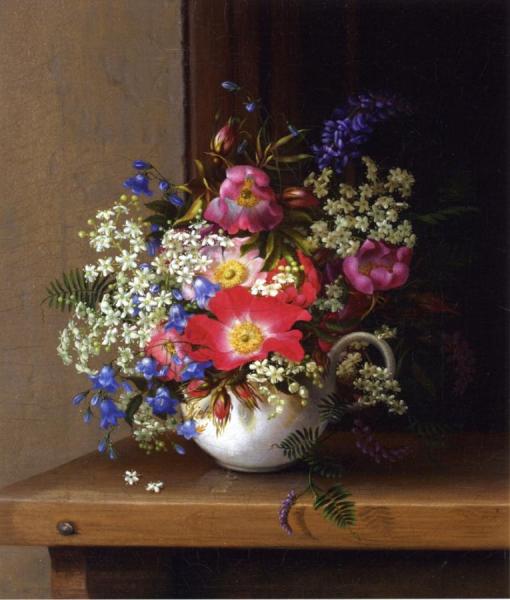 Still Life With Dog Roses, Larkspur And Bell Flowers In A White Cup by Adelheid Dietrich