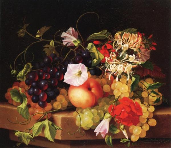 Still Life With Grapes, Peaches And Flowers by Adelheid Dietrich Oil Painting Reproductions