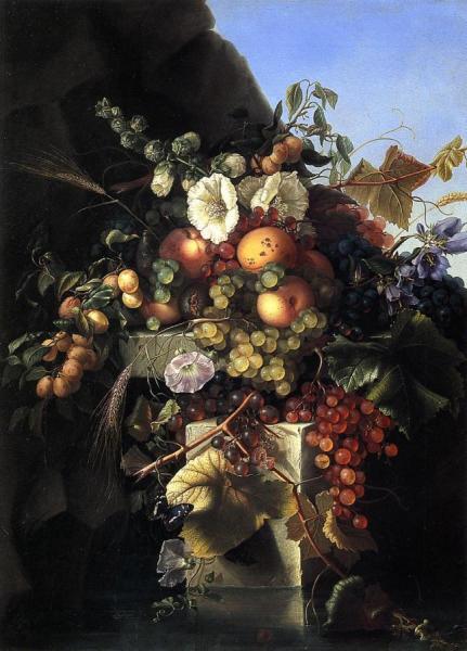 Still Life With Grapes, Peaches, Flowers And A Butterfly by Adelheid Dietrich