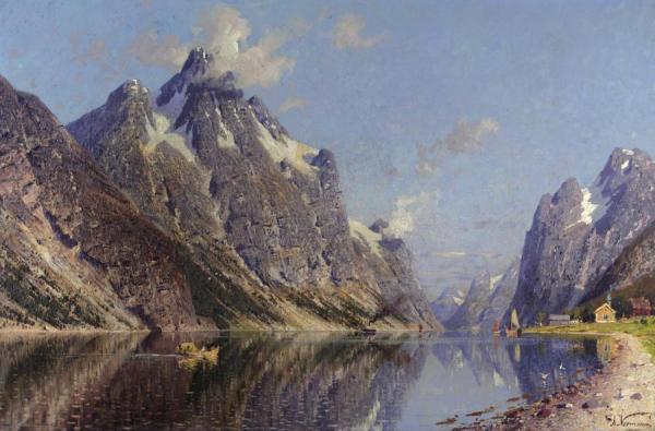 A Snow - Capped Fjord by Adelsteen Normann Oil Painting Reproductions