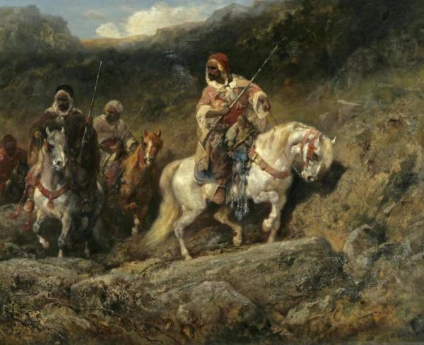 Arab Horsemen In A Mountainous Landscape by Adolf Christian Schreyer Oil Painting Reproductions