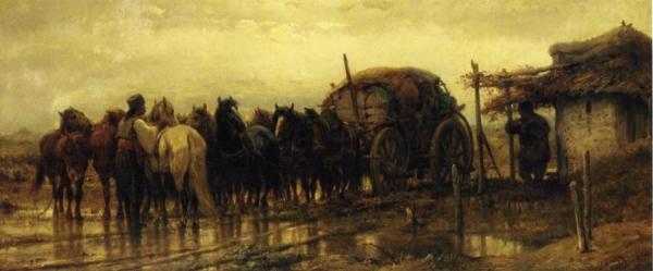 Hitching Horses To The Wagon by Adolf Christian Schreyer