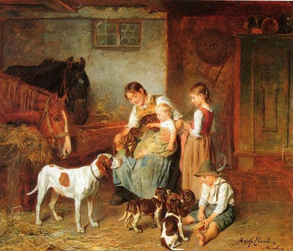 Family In A Barn by Adolf Eberle