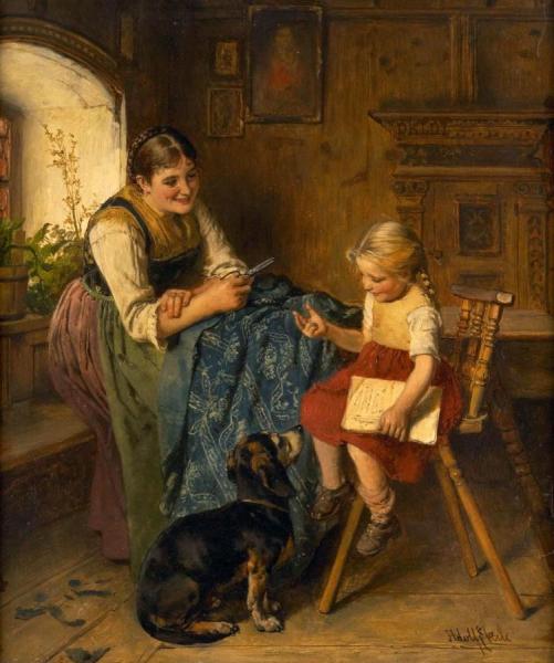 Family Scene With Young Mother, Child And Dog by Adolf Eberle Oil Painting Reproductions
