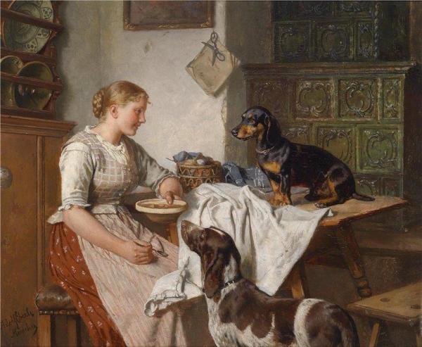 Feeding The Dogs by Adolf Eberle Oil Painting Reproductions