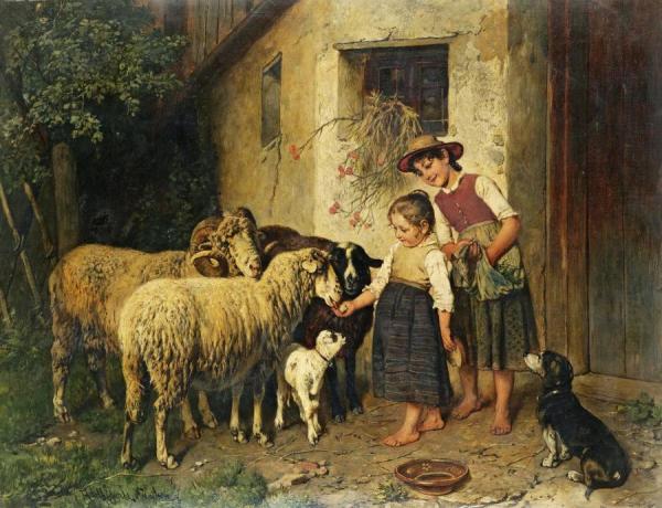 Feeding The Sheep by Adolf Eberle