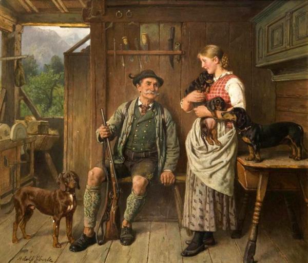 Adolf Eberle Maid, Huntsman And Dachshund Family