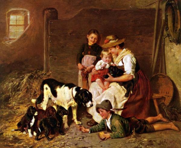 The New Puppies by Adolf Eberle Oil Painting Reproductions