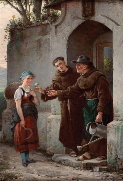Meeting At The Franciscan Monastery Gate by Adolf Humborg