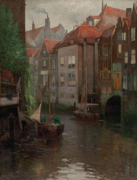 Boats In A Canal by Adolf Kaufmann
