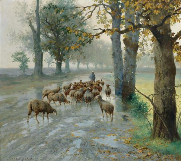 Flock Of Sheep On A Rainy Autumn Day by Adolf Kaufmann