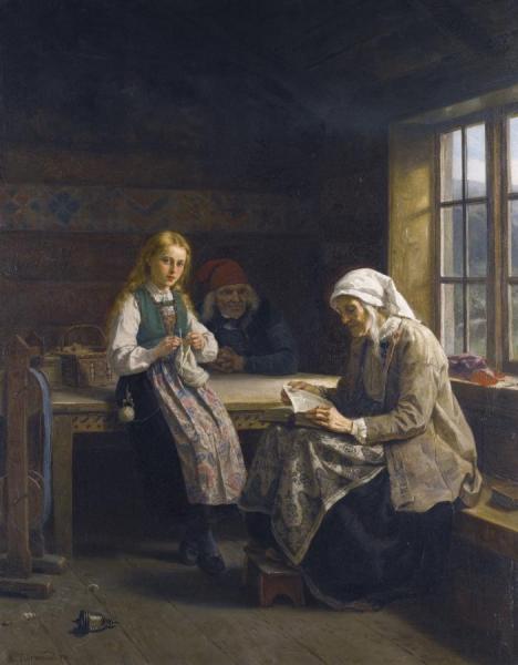 A Hardanger Interior, Young Girl Knitting by Adolph Tidemand