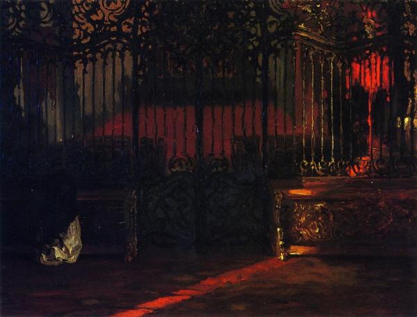Church Interior With Woman At Prayer, Before A Rococo Iron Grille by Adolph Von Menzel