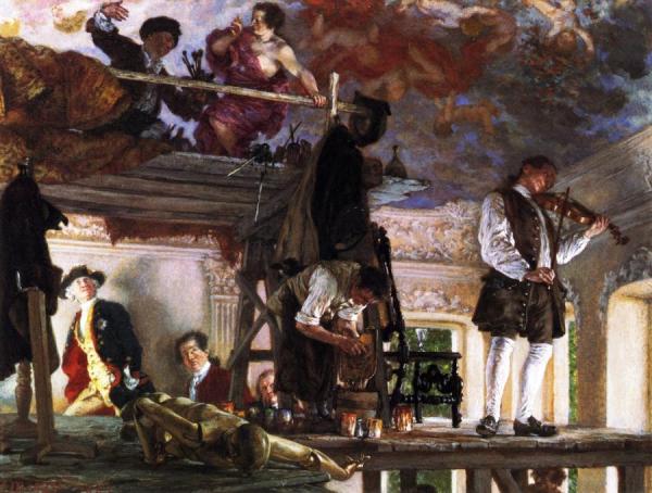 Crown Prince Frederick Pays A Visit To The Painter Pesne On His Scaffold At Rheinsberg by Adolph Von Menzel