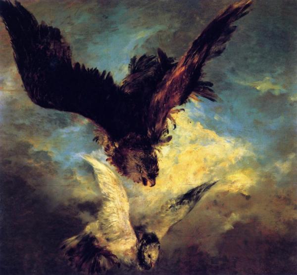 Falcon Swooping On A Dove by Adolph Von Menzel