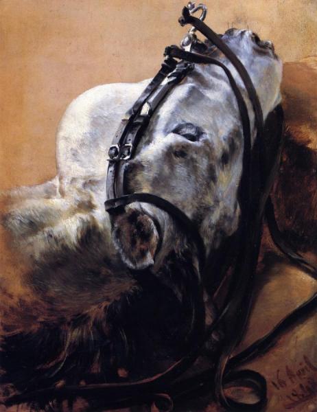 Head Of Horse Wearing Bridle, Lying Down by Adolph Von Menzel Oil Painting Reproductions