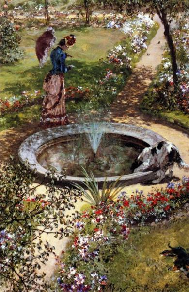 Lady Walking By A Fountain In The Kissingen Spa Garden by Adolph Von Menzel