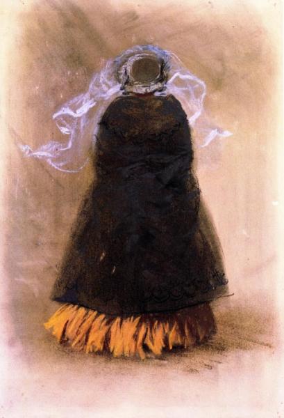 Lady With Hat And Veil, Viewed From Behind by Adolph Von Menzel