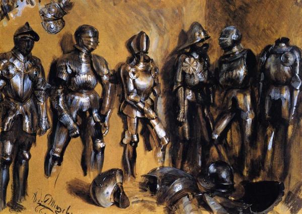 Six Suits Of Armor Standing Against A Wall by Adolph Von Menzel