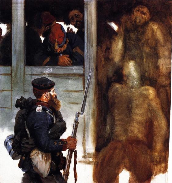 Soldier Of The Prussian Landwehr And French Prisoners by Adolph Von Menzel Oil Painting Reproductions