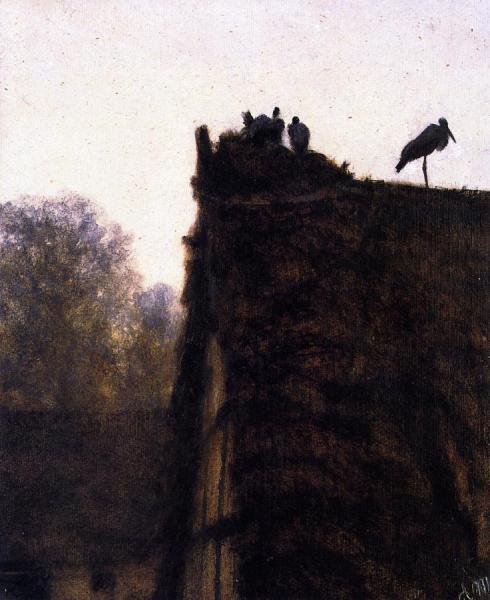 Thatched Roof With Storks' Nest by Adolph Von Menzel