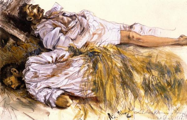 Two Dead Soldiers Laid Out On Straw by Adolph Von Menzel