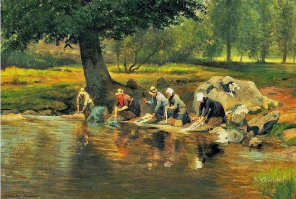 Women Washing Clothes In The River by Adolphe Theodore Jules Potemont