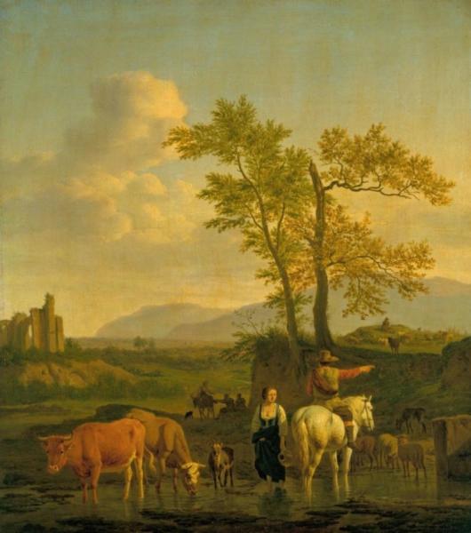 Adriaen Van De Velde A Horseman At A Ford, Asking The Way Of A Herdswoman, In An Italianate Landscape