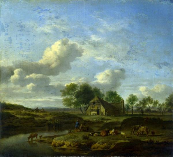 A Landscape With A Farm By A Stream by Adriaen Van De Velde