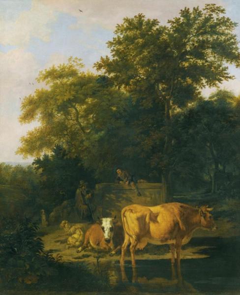 A Wooded Landscape At Dusk, With Two Herdsmen A Dog, Sheep And Cattle by Adriaen Van De Velde Oil Painting Reproductions