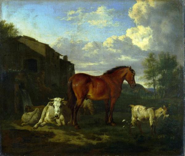 Animals Near A Building by Adriaen Van De Velde