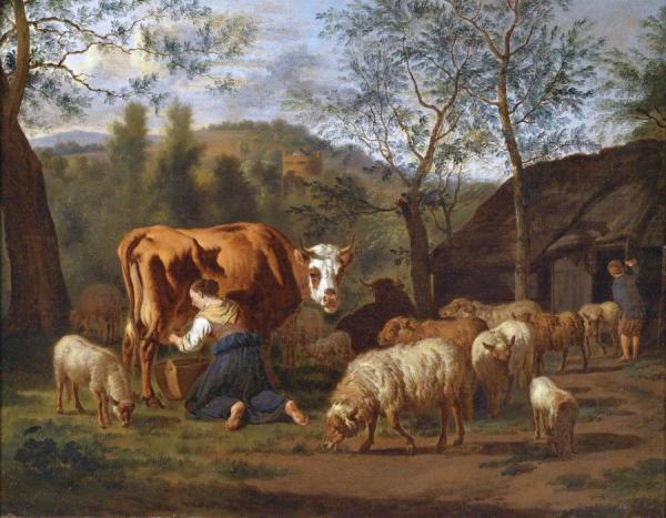Adriaen Van De Velde Maid Milking A Cow, A Goat In Front Of The Barn
