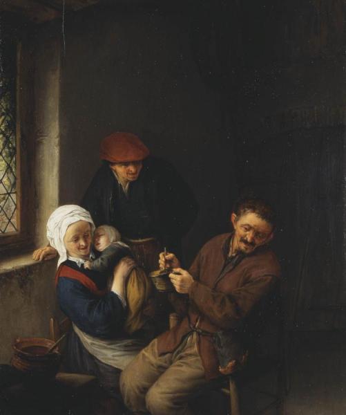 Interior Of A Peasant's Cottage: A Child About To Be Fed by Adriaen Van Ostade