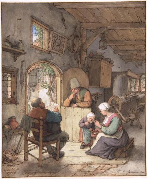 Reading The News At The Weavers' Cottage by Adriaen Van Ostade