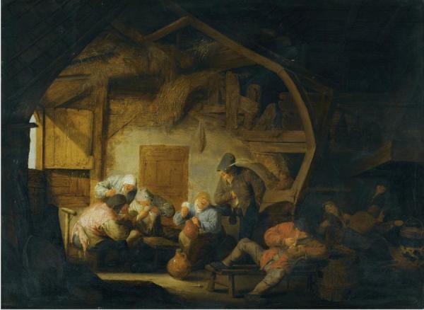The Interior Of A Barn With Peasants Playing Cards Around A Stool by Adriaen Van Ostade Oil Painting Reproductions