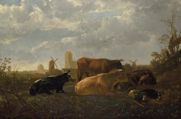 A Distant View Of Dordrecht With A Sleeping Herdsman And Five Cows by Aelbert Cuyp Oil Painting Reproductions