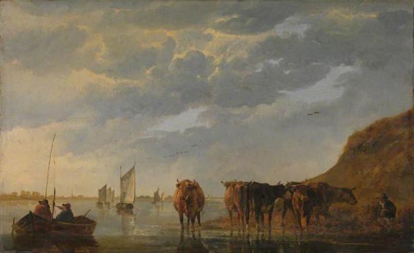 A Herdsman With Five Cows By A River by Aelbert Cuyp